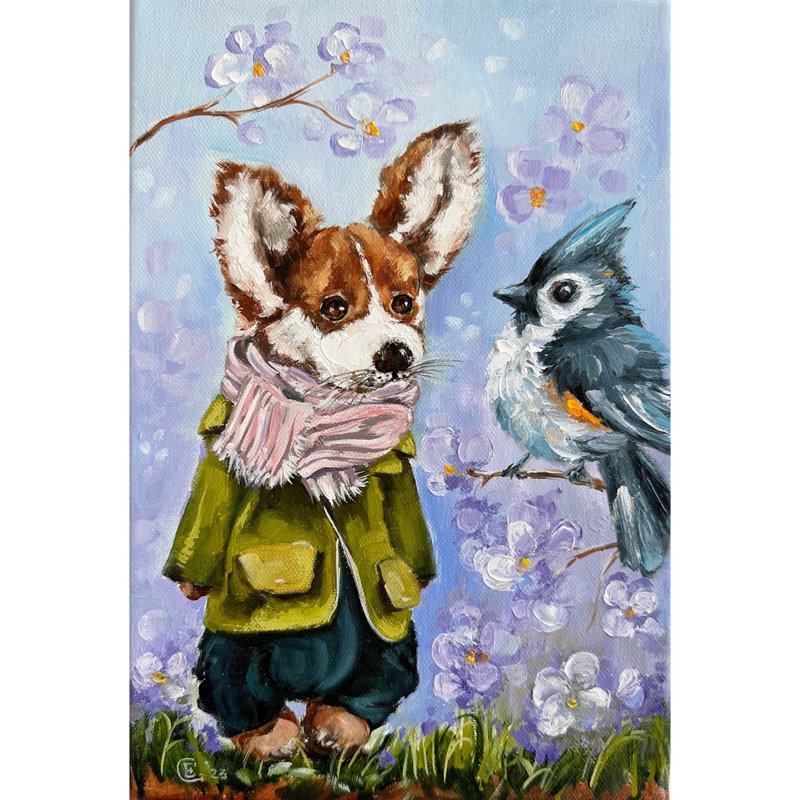 Corgi painting Dog oil original artwork Animal art on canvas - 海報/掛畫/掛布 - 其他材質 多色