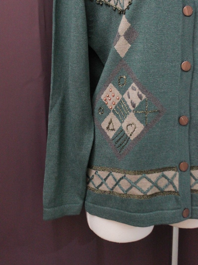 Vintage Japanese geometric blue-green wool vintage knit sweater coat - สเวตเตอร์ผู้หญิง - ขนแกะ สีเขียว