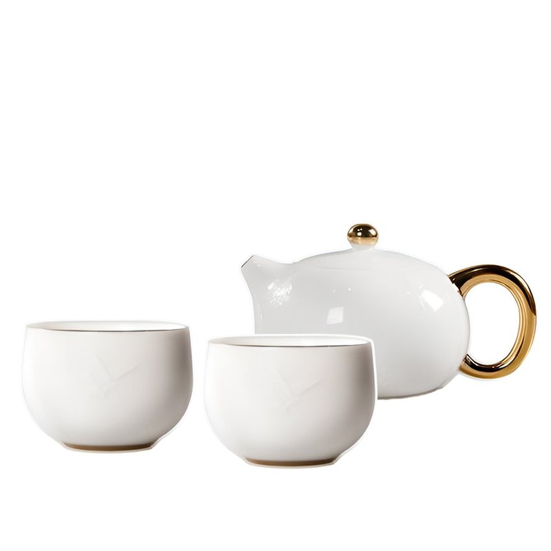 漢白玉精瓷隱雕蝶戀茶具組 雅緻蝶影 典藏收納盒 - 茶壺/茶杯/茶具 - 瓷 白色