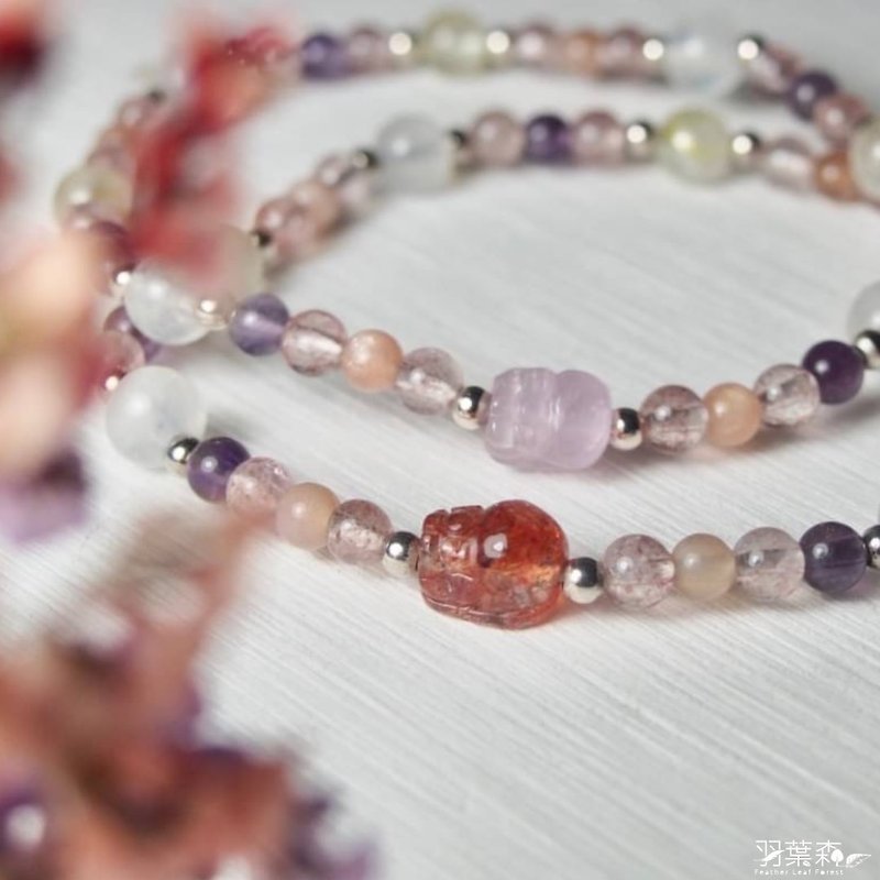 Spring Whispers l Peach Blossom Charm UP l Golden Strawberry/Purple Kunzite Pixiu [Gift Recommendation] - Bracelets - Crystal Pink