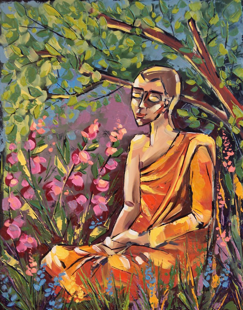 Buddhist Painting Buddha Original Art Monk Artwork Meditation Wall Art 28by36 cm - โปสเตอร์ - วัสดุอื่นๆ สีส้ม