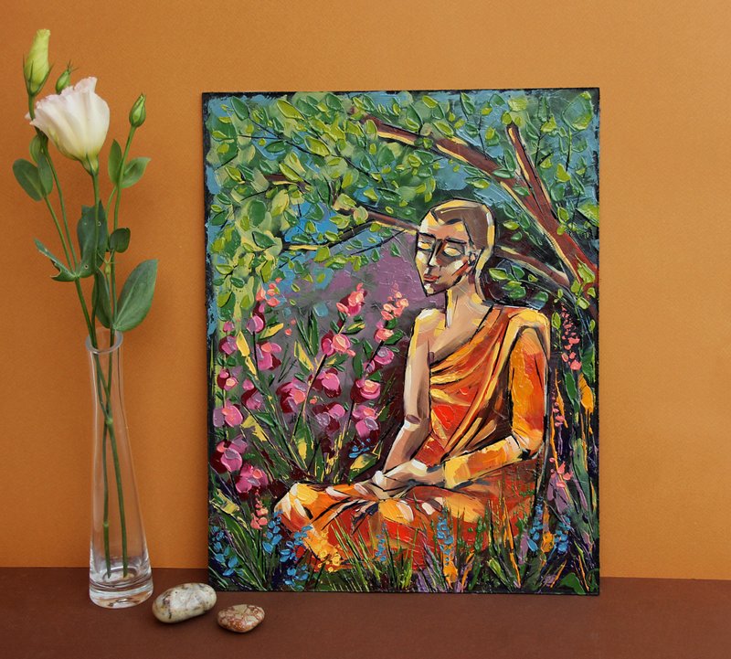 Buddhist Painting Buddha Original Art Monk Artwork Meditation Wall Art Zen Decor - โปสเตอร์ - วัสดุอื่นๆ สีส้ม