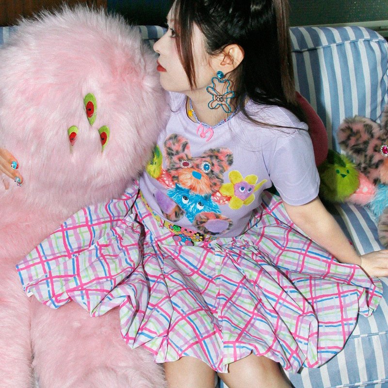 手繪涂鴉 格紋印花 蓬蓬花苞裙 半身傘裙 - 裙子/長裙 - 其他材質 多色