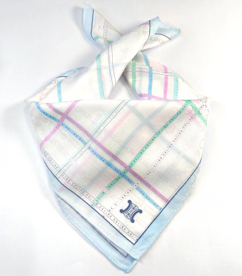 Celine Paris Vintage Silk Scarf Woven Brand's Logo in Fabric 23 x22.5 inches - 絲巾 - 棉．麻 透明