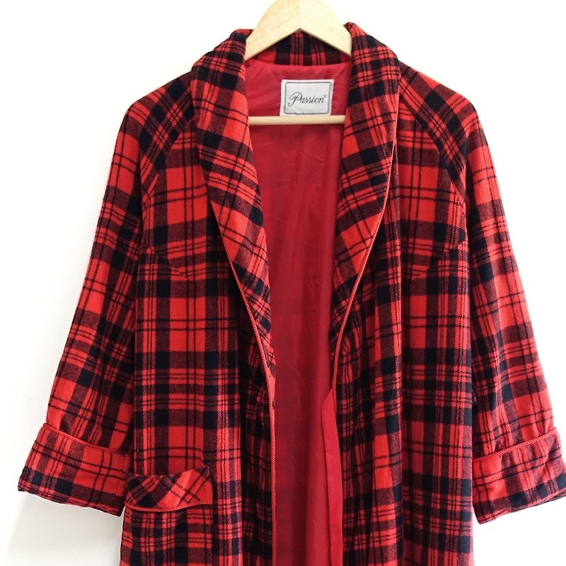 │Slowly│Checked nightgown coat vintage 01│vintage.Retro.Art - Women's Casual & Functional Jackets - Polyester Red