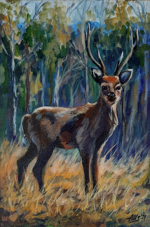 AsheArt Deer painting Original acrylic painting Wild animal painting Forest landscape