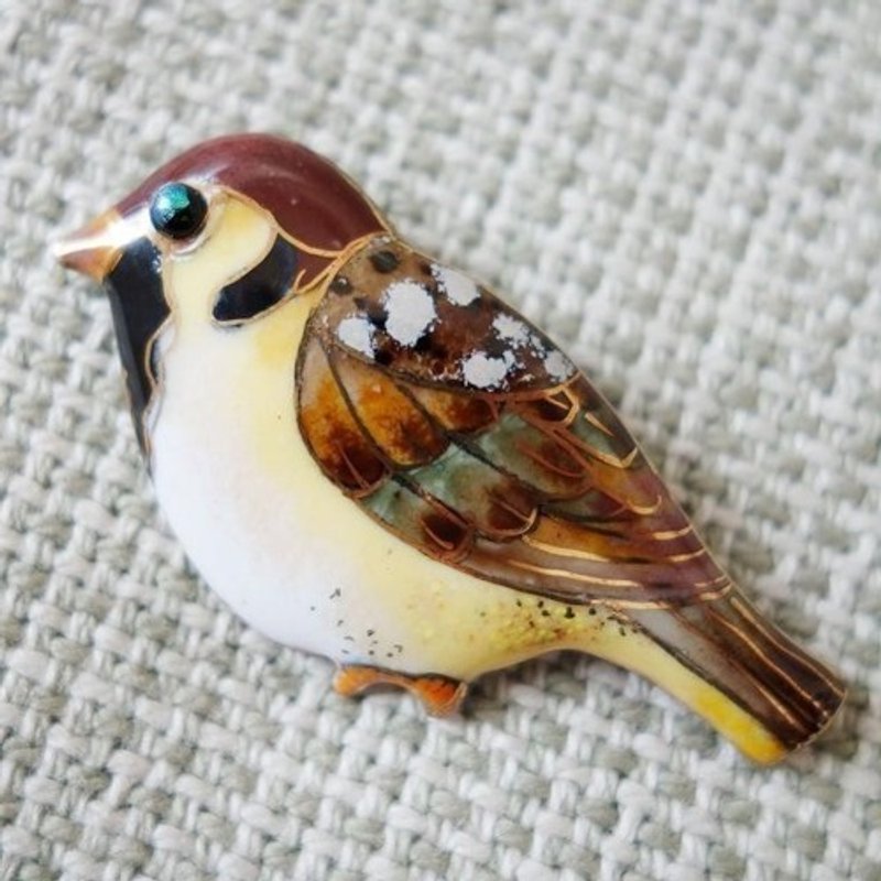 Sparrow cloisonné brooch - เข็มกลัด - โลหะ สีนำ้ตาล