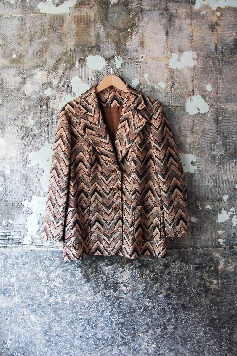 袅袅 department store -Vintage coffee color sawtooth pattern wool blazer retro - เสื้อสูท/เสื้อคลุมยาว - วัสดุอื่นๆ 