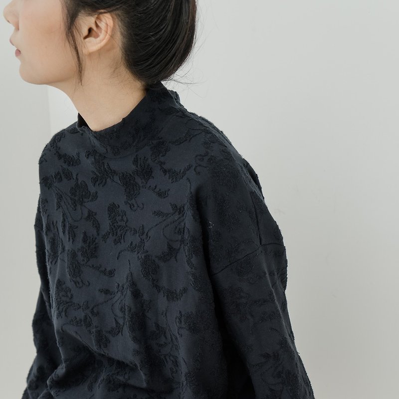 BUFU Jacquard fabrics long-sleeves pullover  SH180416 - Women's T-Shirts - Cotton & Hemp Blue