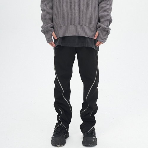 Spiral Metal Zipper Split Pants Vibe Style Pull Up Pants Straight Fit