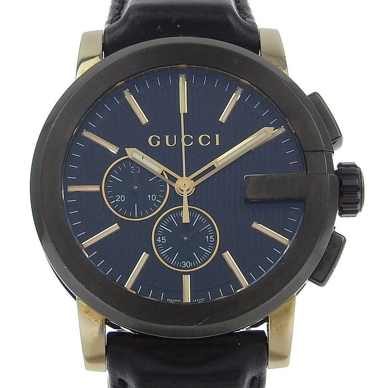 【日本直送】グッチ GUCCI Gクロノ 腕時計 101.2 SS × 型押しレザー クオーツ クロノグラフ 黒文字盤 メンズ【中古】 - 女錶 - 不鏽鋼 黑色