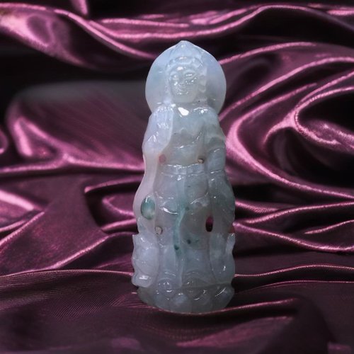 瓔珞翡翠 冰種飄花翡翠精雕站蓮觀音菩薩 | 天然緬甸玉翡翠A貨 | 送禮