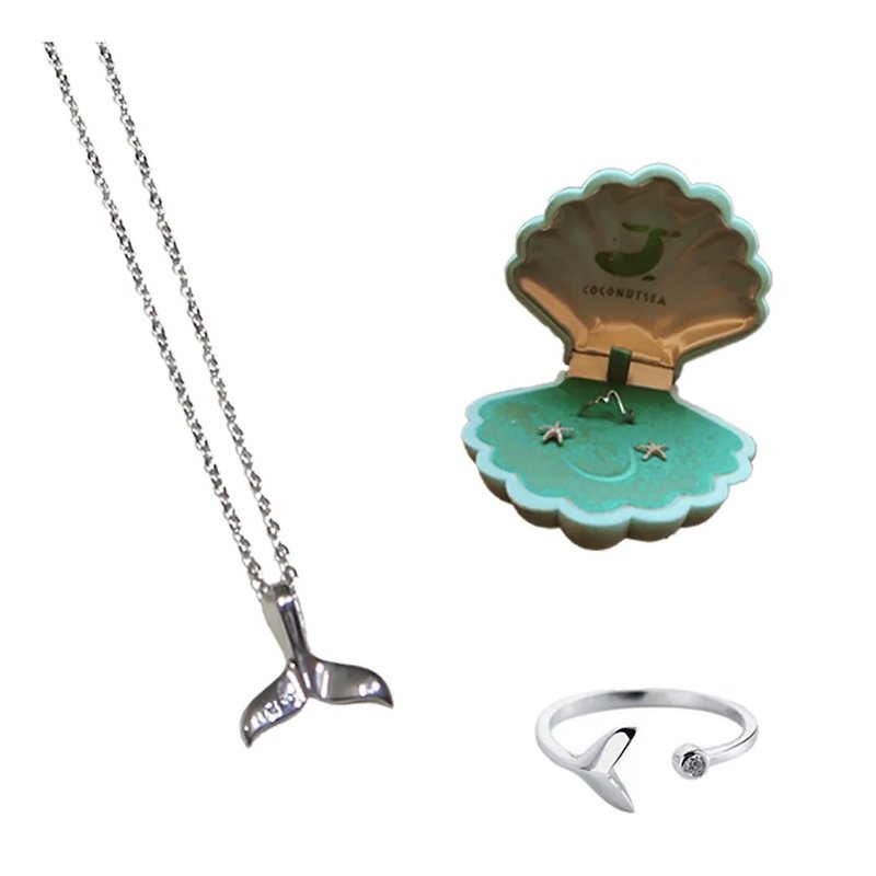 Mermaid tail necklace & big fish tail small eye ring jewelry combination - สร้อยคอ - เงินแท้ สีเงิน