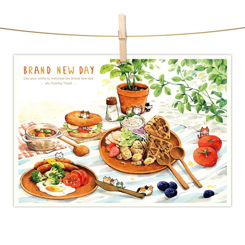afu水彩イラストポストカード-グルメの饗宴/真新しい日 - カード・はがき - 紙 オレンジ