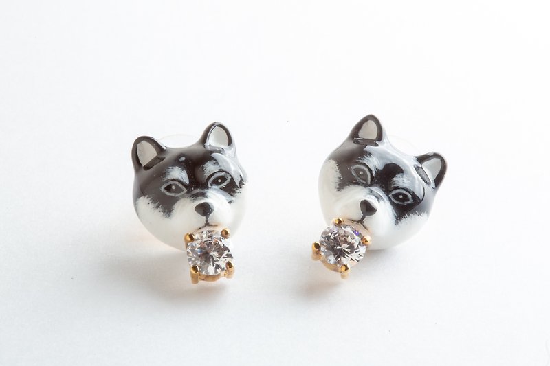 Black and White Shiba Inu Zircon Earrings ~925 Sterling Silver Ears or Earrings - Earrings & Clip-ons - Copper & Brass 