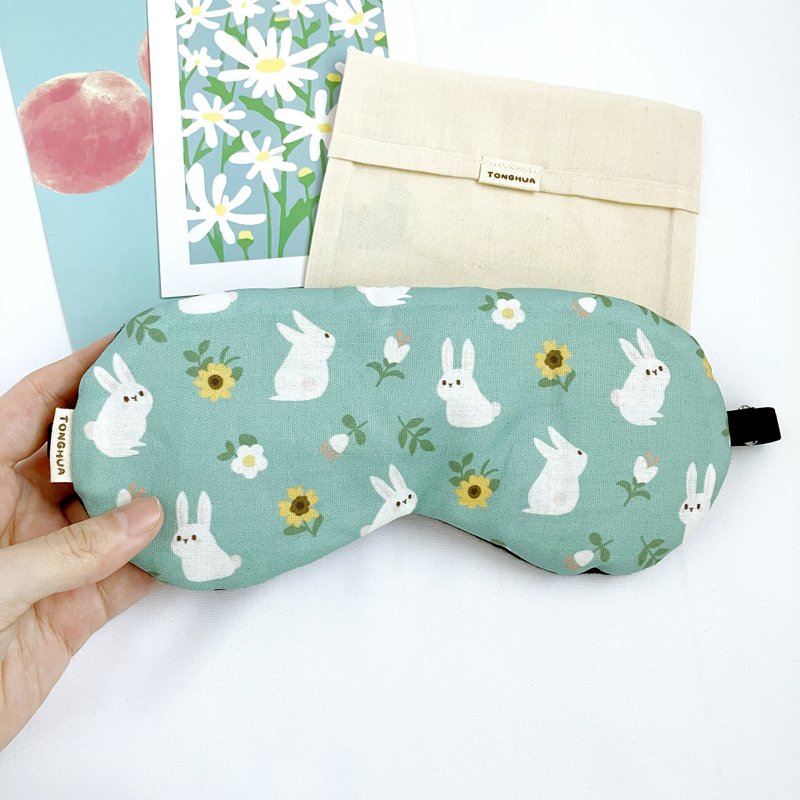 Handmade organic cotton eye mask with white rabbit flowers, blue-green pure cotton, adjustable length, with storage bag, Year of the Rabbit - Eye Masks - Cotton & Hemp Blue