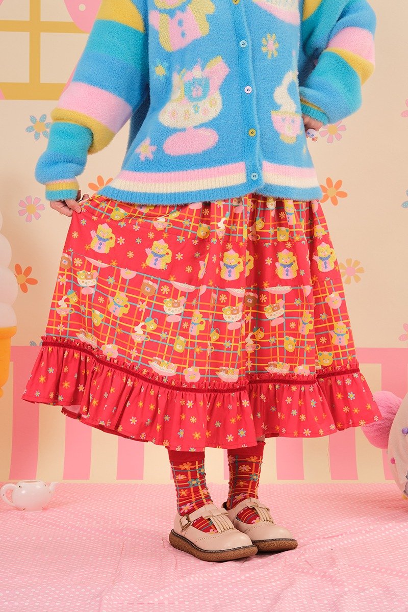 昭和甜品屋重工毛巾繡拼接花邊半裙 日系可愛少女 - 裙子/長裙 - 棉．麻 多色