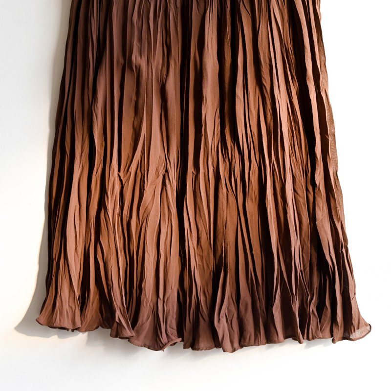【蛋植物古著】栗秋光景壓褶紗質古著長裙 - 裙子/長裙 - 其他人造纖維 咖啡色