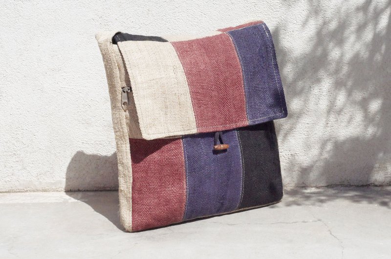 Limited amount of a hand-woven cotton and linen side backpack / shoulder bag / hand bag / oblique bag / woven bag / color splicing bag / linen bag - coffee latte hit color splicing color block backpack - Messenger Bags & Sling Bags - Cotton & Hemp Multicolor