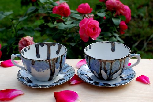 PorcelainShoppe Blue Cups and saucers Porcelain Tea Coffee Set Bronze glaze, Crystalline Glazed