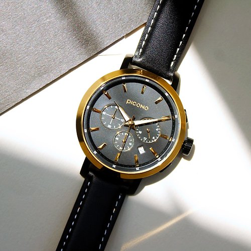 PICONO Watches D-Time 真三眼多功能系列真皮錶帶手錶 DT-9201 金色/黑色