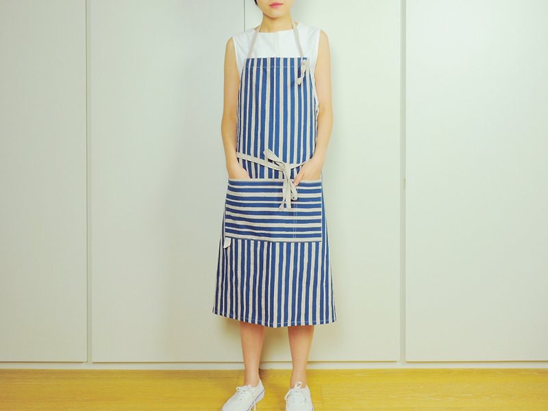 Reduced handprint cotton and linen apron adult version navy, dark blue - Aprons - Cotton & Hemp Blue