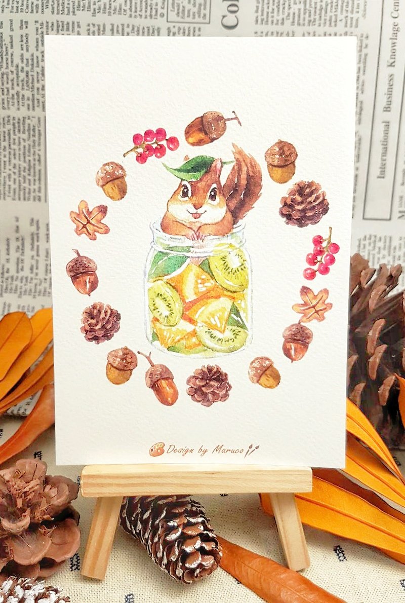 小松鼠水果茶-厚水彩紙明信片 - 卡片/明信片 - 紙 多色