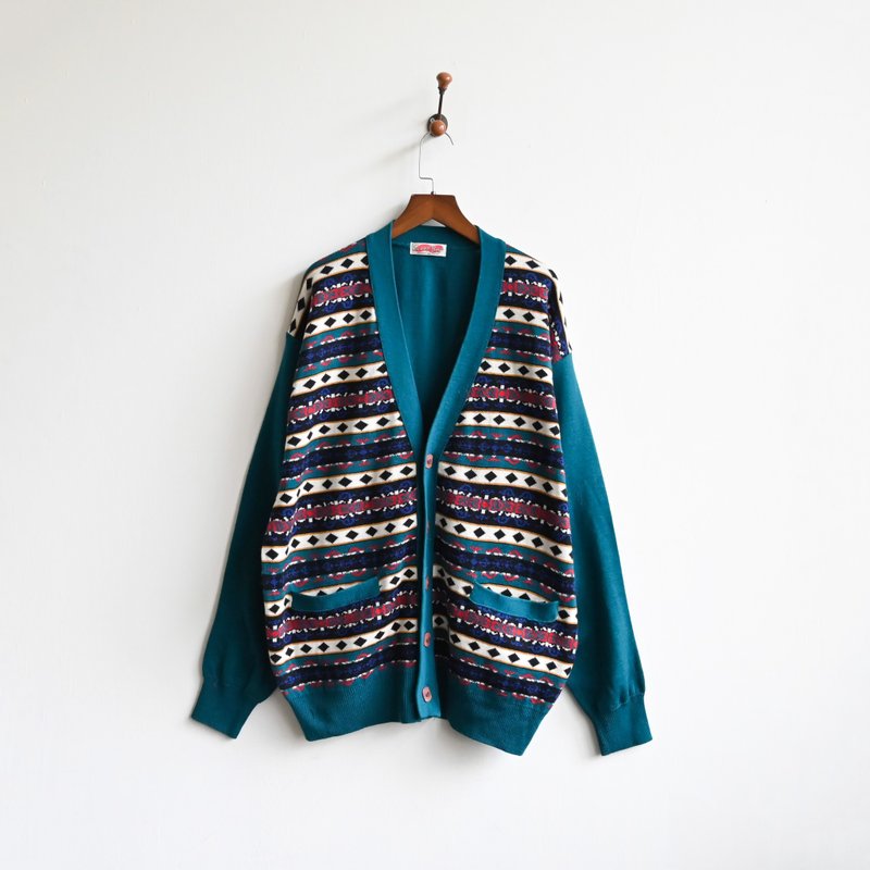 【蛋植物古著】湖光圖騰針織開襟古著毛衣 - 女裝毛衣/針織衫 - 其他人造纖維 