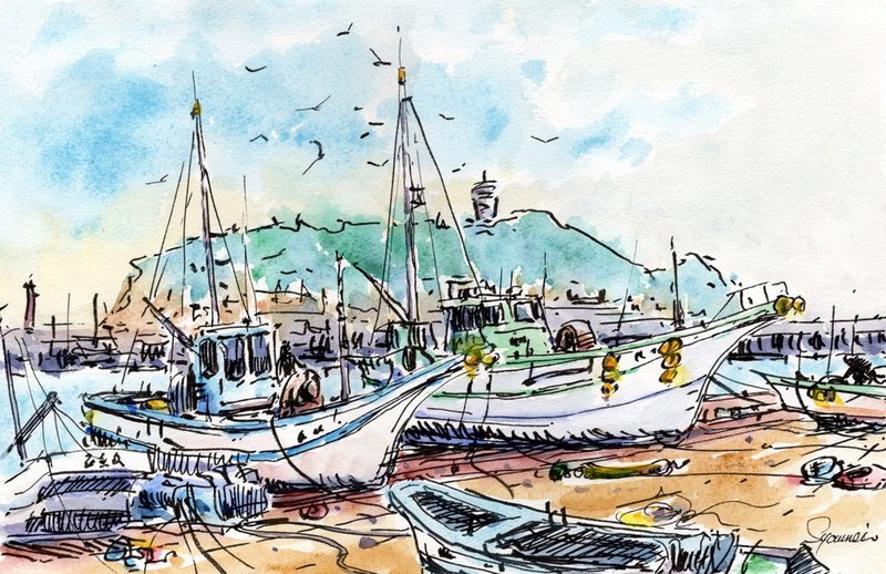 水彩画原画　腰越漁港風景 A - 海報/掛畫/掛布 - 紙 藍色