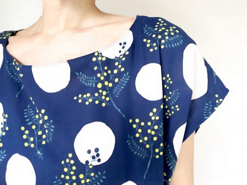 Mimosa pattern gather one piece double gauze short sleeve navy - One Piece Dresses - Cotton & Hemp Blue