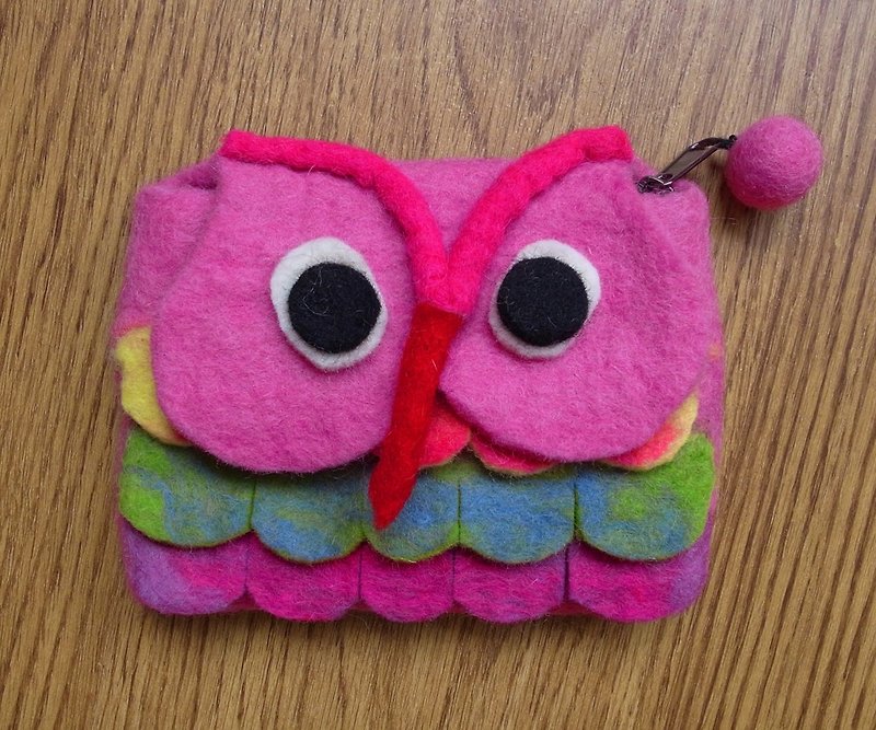 Zippered coin purse pouch purse wool fabric Owl Pink - กระเป๋าใส่เหรียญ - ขนแกะ สึชมพู