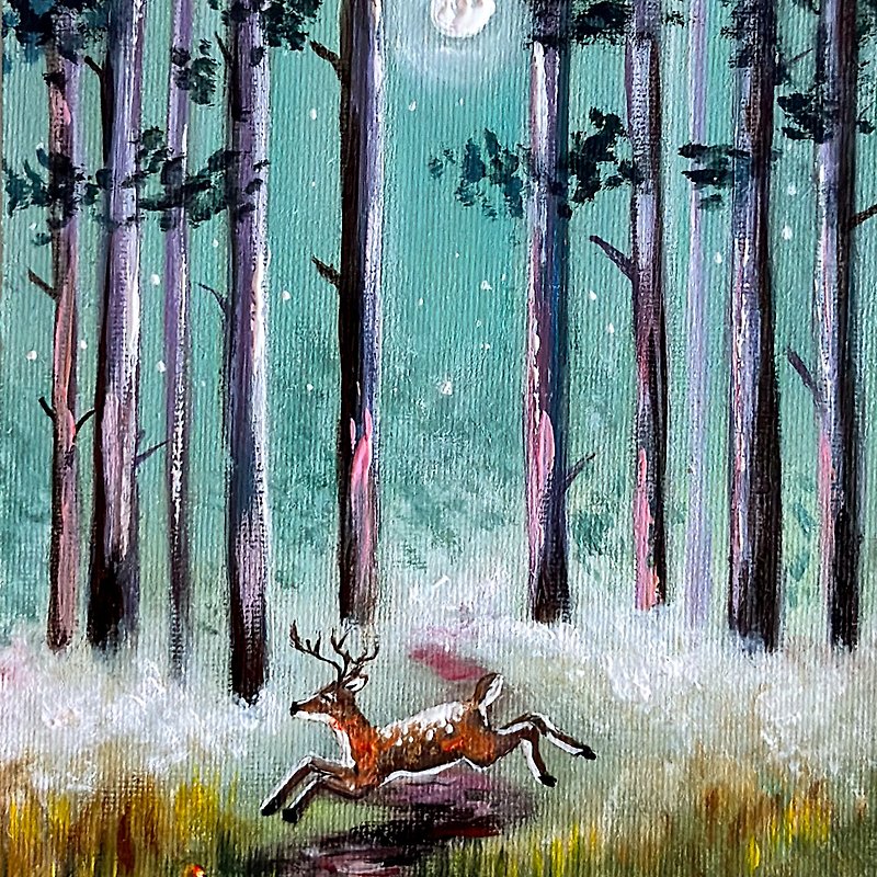 Deer framed painting, Night forest mini art, Forest landscape, Woodland animals - ของวางตกแต่ง - ไม้ หลากหลายสี
