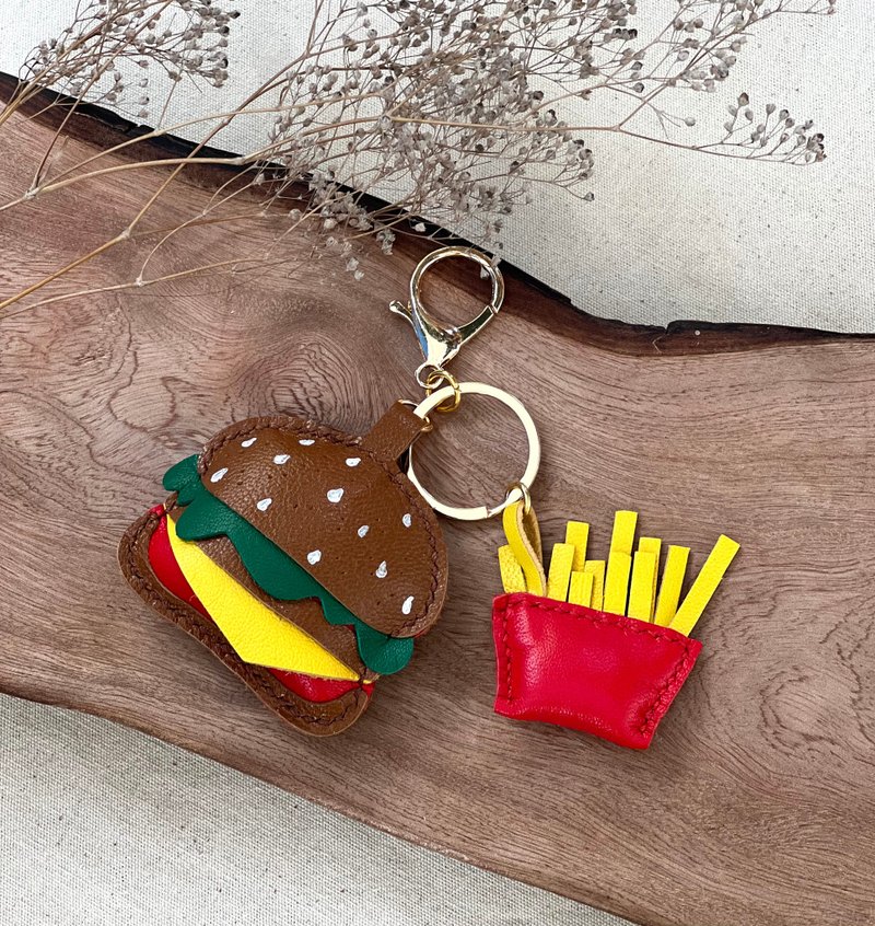 Hamburger Fries Keyring - Keychains - Genuine Leather Brown