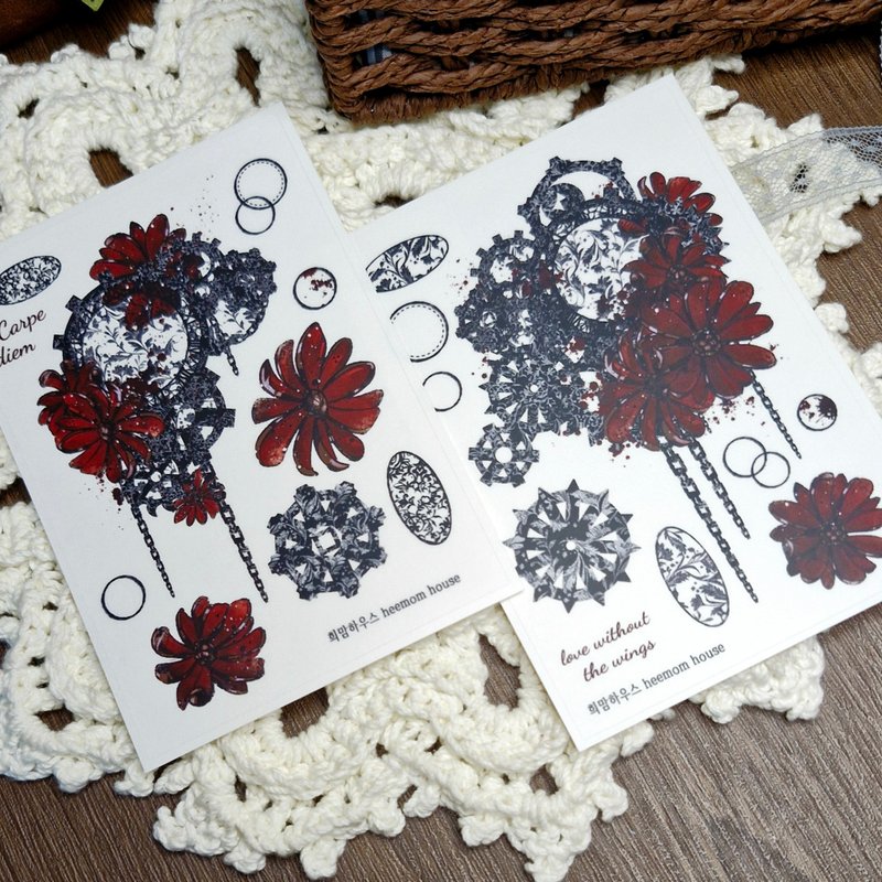 Steampunk flower sticker red ver. - 紙膠帶/和紙/PET - 紙 白色