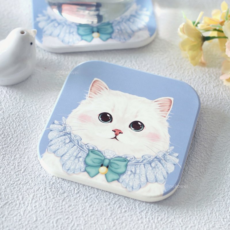 Fat white cat ceramic absorbent coaster cat coaster cat illustration cute original ceramic coaster - Coasters - Pottery Blue