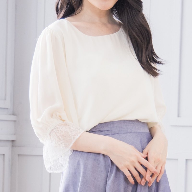 袖蕾絲雪紡寬鬆上衣   白 - 女上衣/長袖上衣 - 聚酯纖維 白色