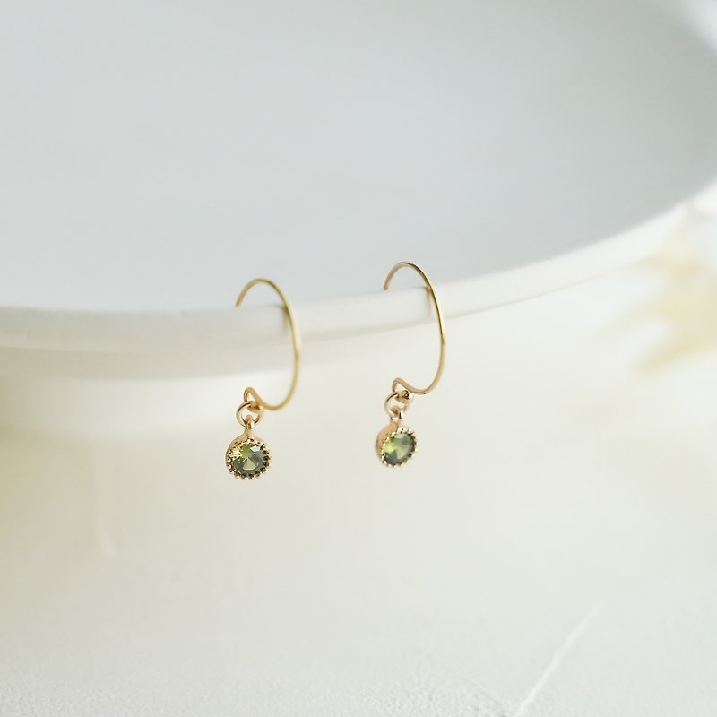 Olive Green Bezel-Set Small Round Diamond 14k Gold French Hook Earrings - Earrings & Clip-ons - Precious Metals Gold