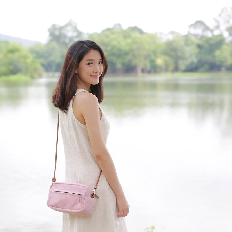 Crossbody Bags Little Tan Width Bag Hand Woven and Botanical Dyed Cotton  - Backpacks - Cotton & Hemp Pink
