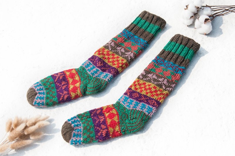 Hand-knitted wool knit socks/striped socks/wool crocheted stockings/warm socks - Nordic Fair Isle Christmas Socks - Socks - Wool Multicolor