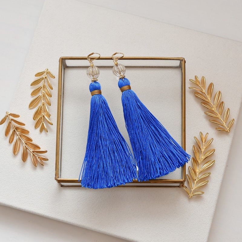 Volume tassel earrings/Blue - ต่างหู - ผ้าฝ้าย/ผ้าลินิน สีน้ำเงิน