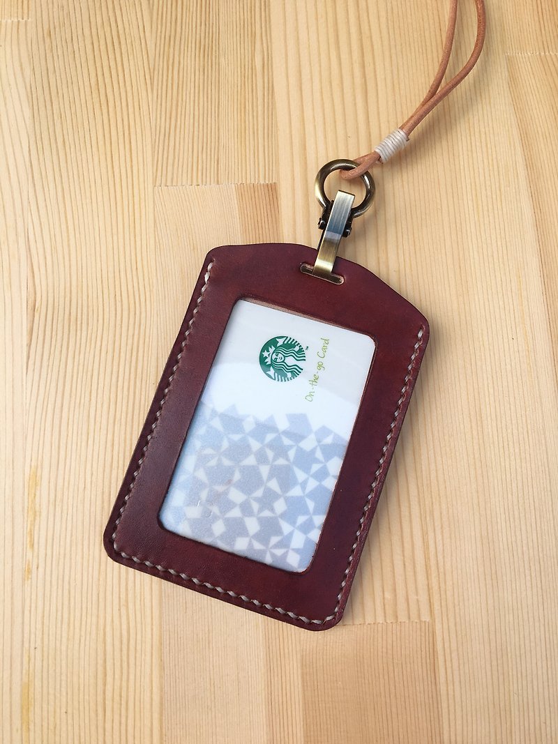 [Miao Ji] Hand-sewn vegetable tanned leather ID card holder_reddish brown with lanyard card holder - ID & Badge Holders - Genuine Leather 
