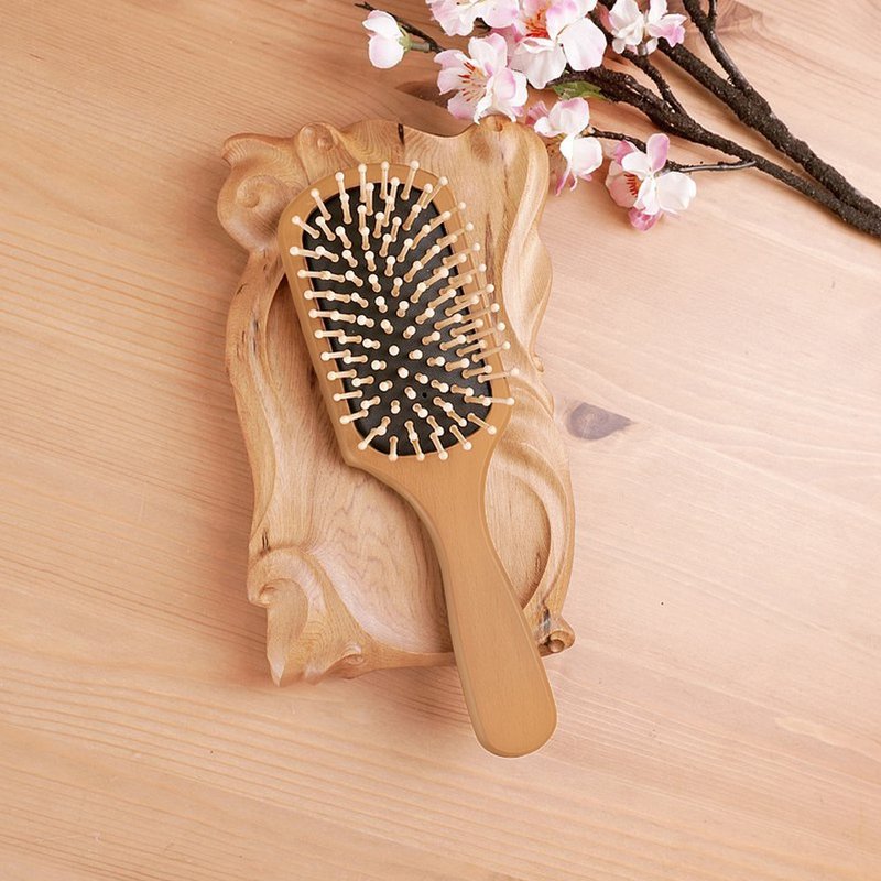 Beech wood round needle massage comb - Makeup Brushes - Wood Brown