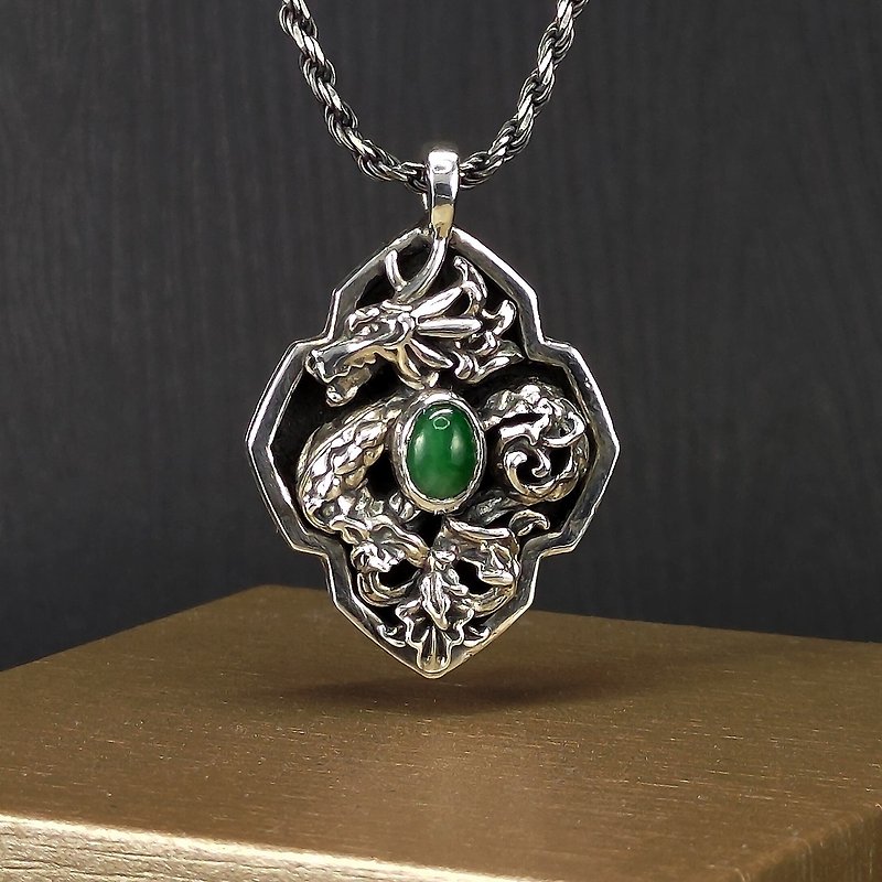 Zodiac Oriental Dragon Year Motif Emboss Silver Pendant Amulet with Jadeite. - Necklaces - Jade Green