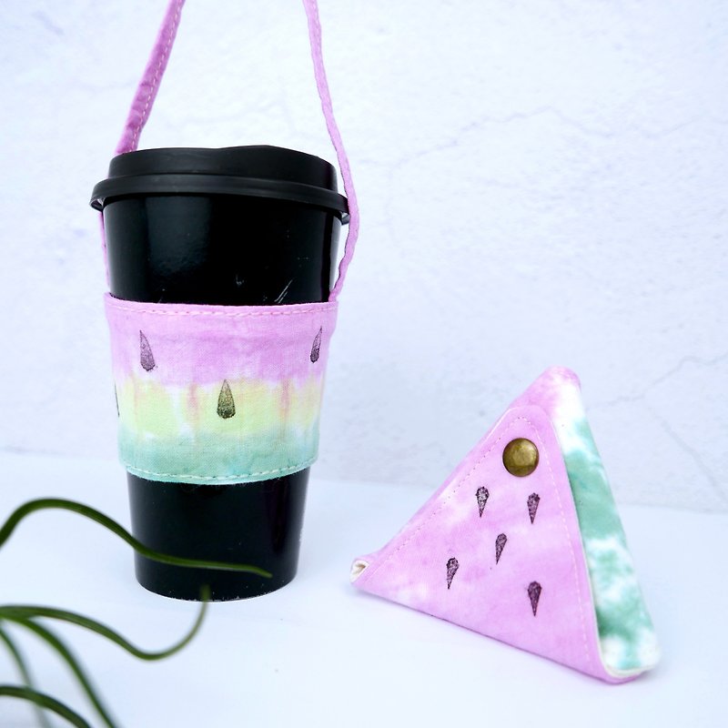 Xmas gifts package Handmade Tie dye Triangular Coin Case + Reusable Coffee Slee - Beverage Holders & Bags - Cotton & Hemp Pink