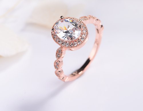 Mika 18K玫瑰金莫桑石訂婚戒指和Art deco鑽石婚戒