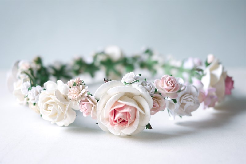 Paper Flower, Crown, Headband, Wedding, pink, soft pink, cream and white Color.