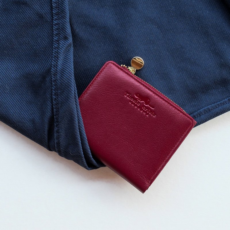 SOLD OUT- PEONY - SMALL LEATHER SHORT WALLET WITH COIN PURSE- DEEP RED - 長短皮夾/錢包 - 真皮 紅色