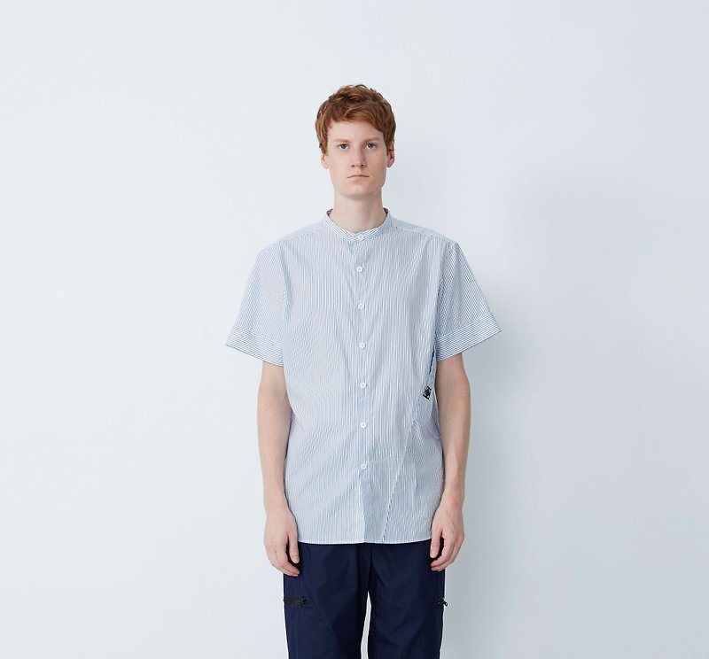 Do not want to work - oblique pocket anti-flash short-sleeved shirt - blue and white - Men's Shirts - Other Materials Multicolor
