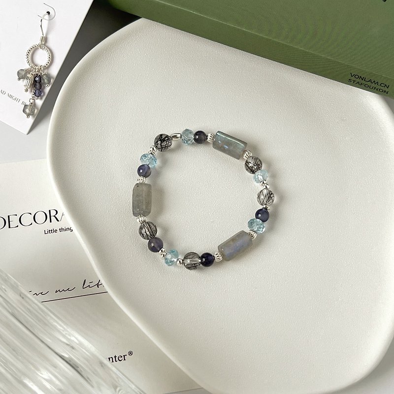 [Christmas gift box] Labradorite ore black hair crystal topaz Stone/natural crystal bracelet - Bracelets - Crystal Gray