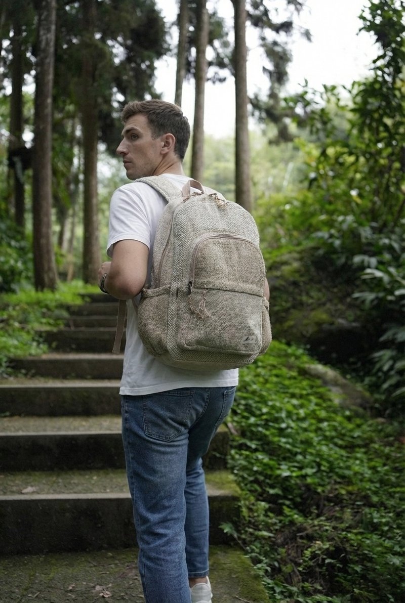 100% hemp fiber large capacity unisex backpack _Fair Trade - กระเป๋าเป้สะพายหลัง - ผ้าฝ้าย/ผ้าลินิน สีกากี